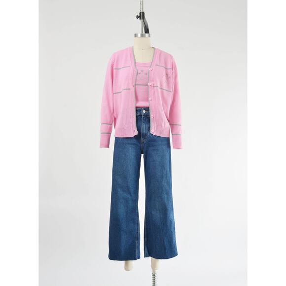 Vintage 60s Pink Two Piece Sweater Set Floral Vest Button Down Cardigan XS S - Picture 2 of 9